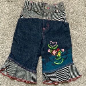 Oilily Baby Floral embroidered Ruffle Jeans with Striped Accent Size 80-18 month